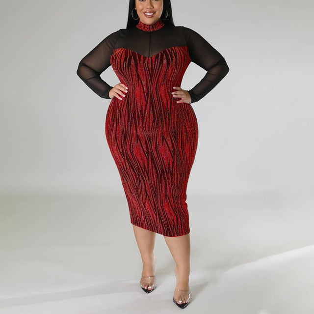 Plus Size Mesh Long Sleeve Bodycon Party Dress