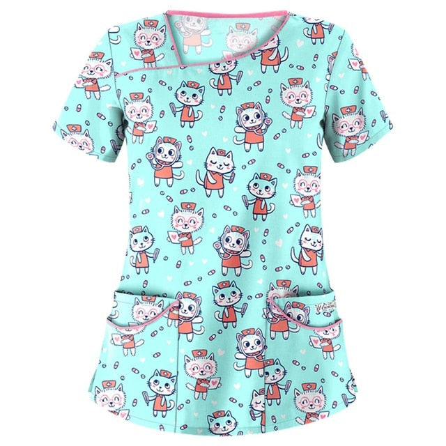 Print Scrub Tops Women Nurse Uniform Cotton Short Sleeve Blouse