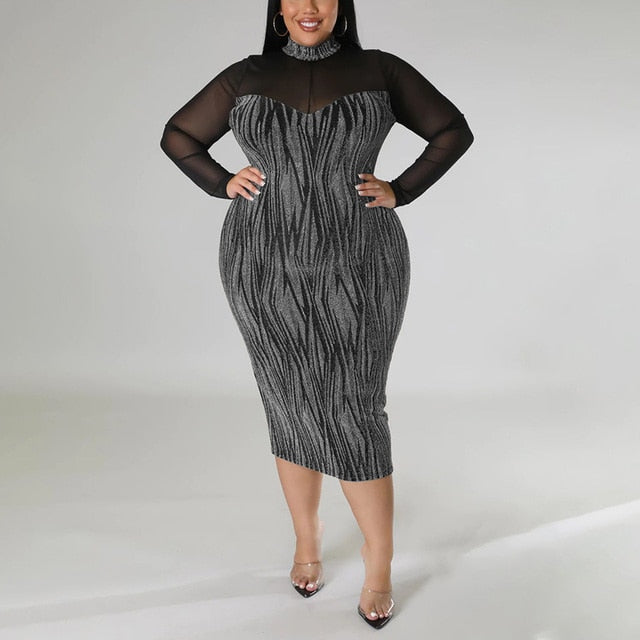 Plus Size Mesh Long Sleeve Bodycon Party Dress