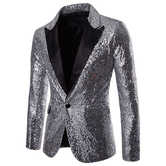Shiny Sequin Glitter Embellished Blazer Party Top for Men