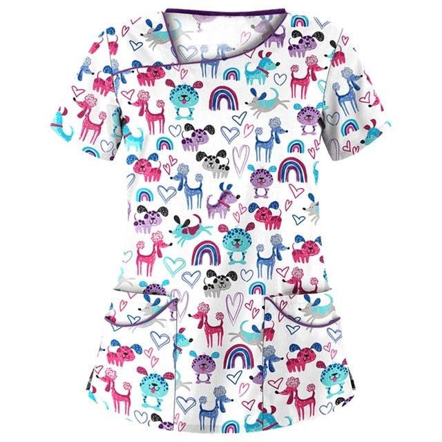 Print Scrub Tops Women Nurse Uniform Cotton Short Sleeve Blouse