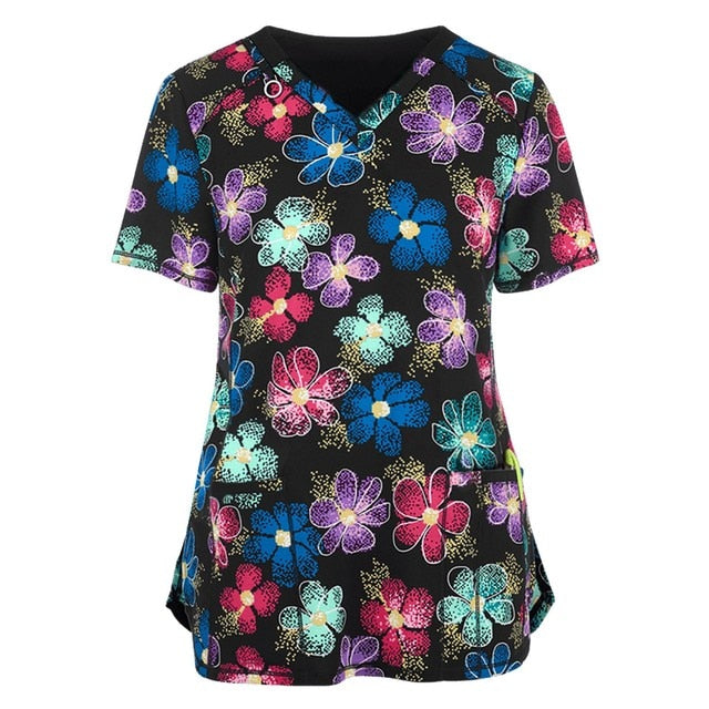 Print Scrub Tops Women Nurse Uniform Cotton Short Sleeve Blouse