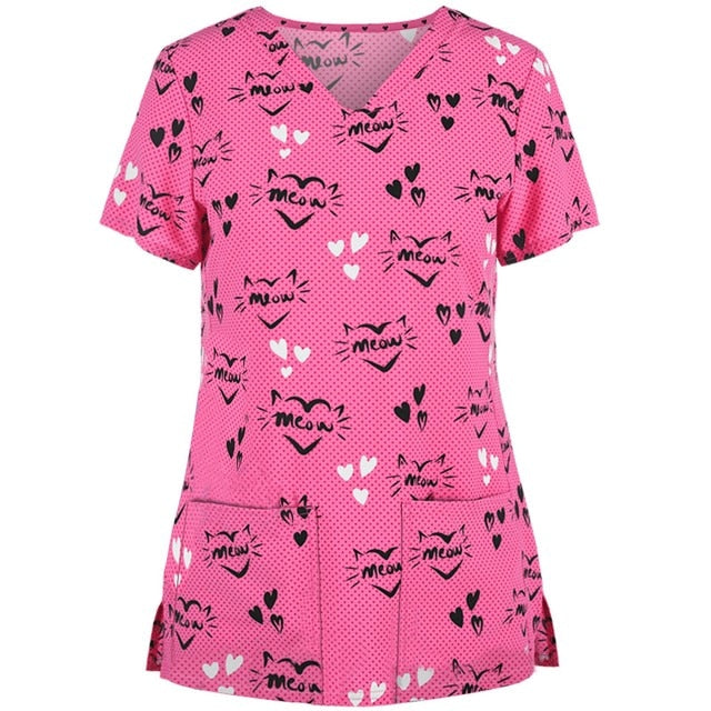 Print Scrub Tops Women Nurse Uniform Cotton Short Sleeve Blouse