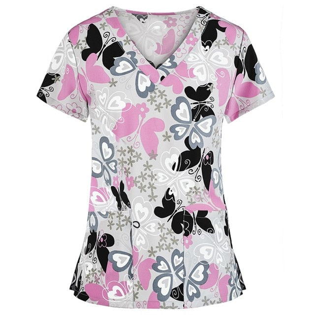 Print Scrub Tops Women Nurse Uniform Cotton Short Sleeve Blouse