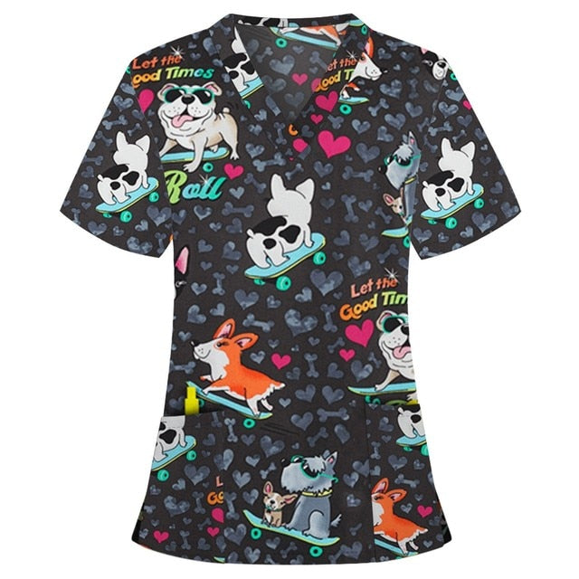 Print Scrub Tops Women Nurse Uniform Cotton Short Sleeve Blouse