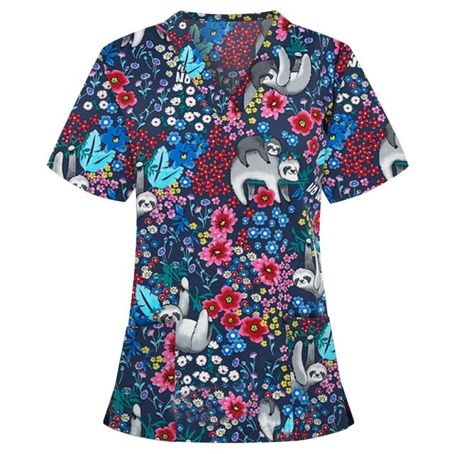 Print Scrub Tops Women Nurse Uniform Cotton Short Sleeve Blouse