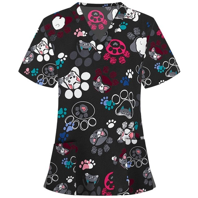 Print Scrub Tops Women Nurse Uniform Cotton Short Sleeve Blouse