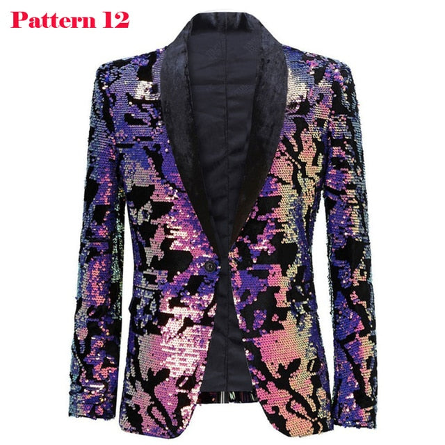 Shiny Sequin Tuxedo Blazer Party Top for Men